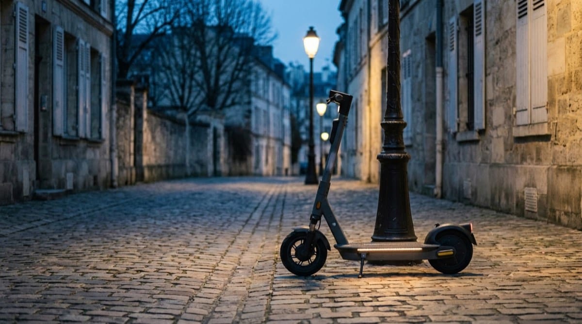 A shared e-scooter parked upright on a quiet cobblestone street at dusk.