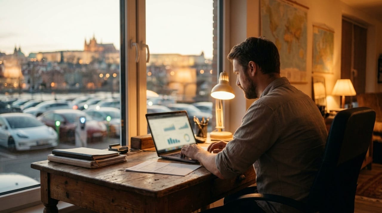 A fleet operations manager reviewing dashboards on a laptop at dusk, with an electric-car depot visible through the window.
