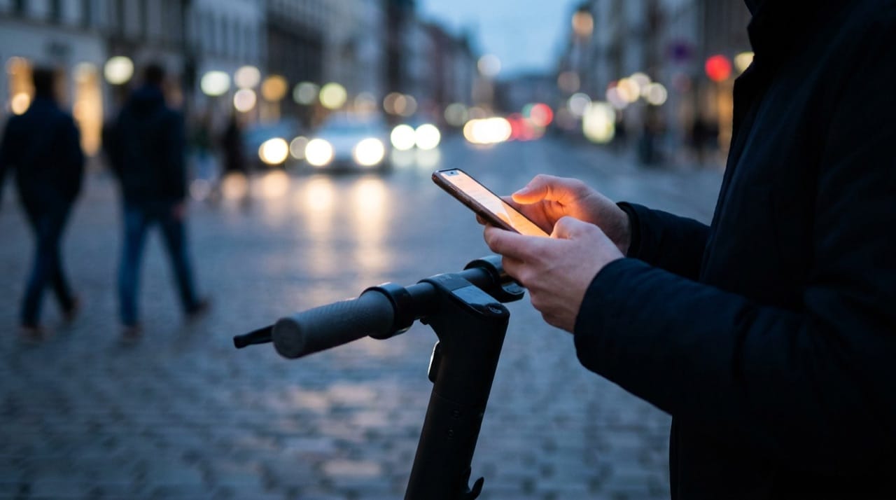 Hands unlocking a shared vehicle with a phone on a city street at dusk.