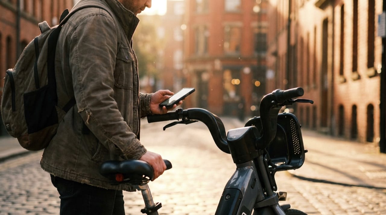 A commuter unlocking a shared e-bike with a phone on a city street.