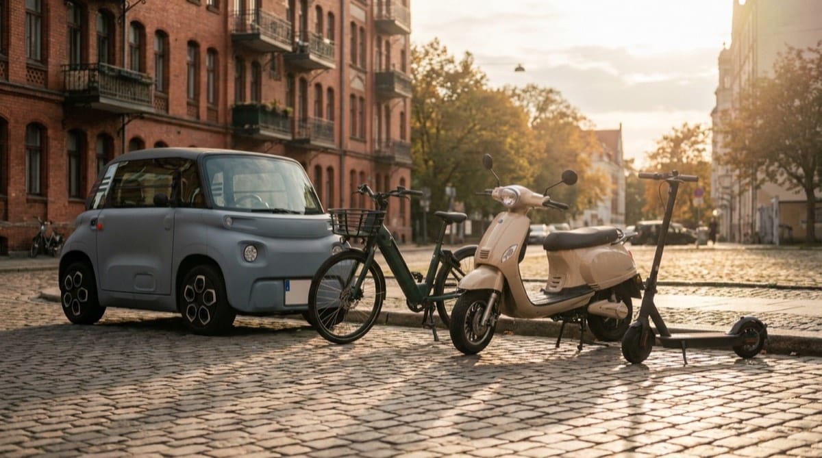 A compact electric car, an e-bike, a moped and a kick-scooter parked in a row on a cobblestone street at golden hour.